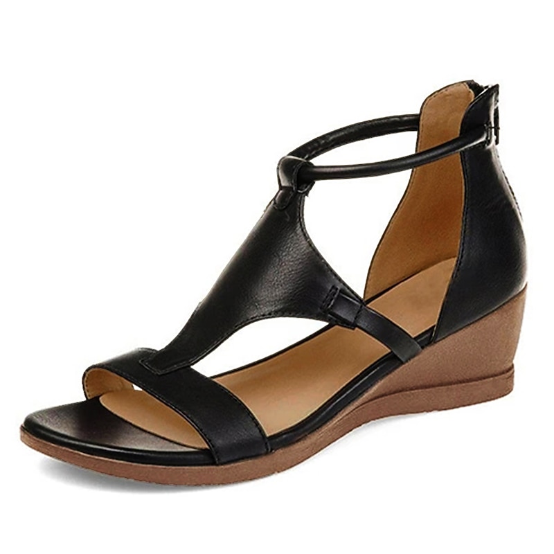 Women's Black Open-Toe Wedge Sandals with T-Strap Design and Cushioned Sole - Comfortable Summer Footwear for Casual Outings2