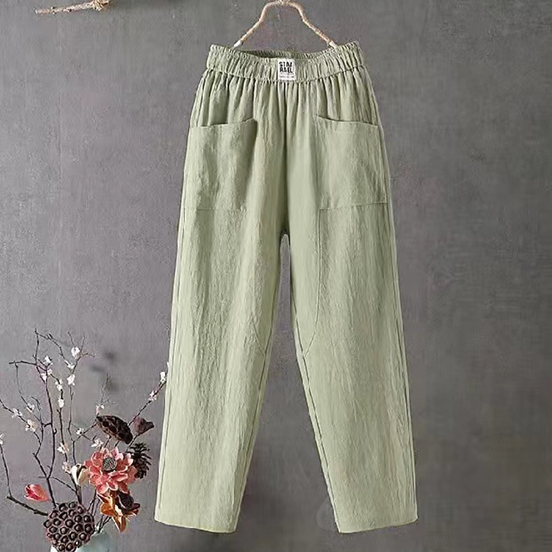 Women's Normal Cotton Linen Pants Chinos Baggy Pants Solid Comfort Ankle-Length Mid Waist Side Pockets Elastic Waist Baggy Comfort Micro-elastic Casual Daily Black White Red Green Summer Spring Fall
