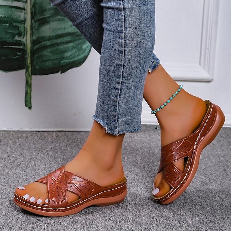 Women's Brown Slip-On Wedge Sandals – Breathable Cut-Out Design Comfort Slides for Casual Summer Wear, Walking & Travel