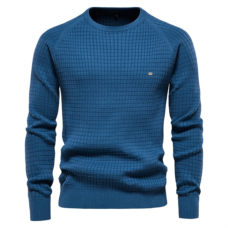 Men's Sweater Pullover Sweater Jumper Waffle Knit Cropped Knitted Solid Color Crew Neck Stylish Basic Outdoor Daily Clothing Apparel Fall Winter Navy Blue Blue S M L4