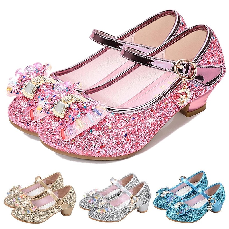 Girls' Glitter Princess Party Shoes – Sparkling Mary Jane Dress Shoes with Bow and Rhinestone Details, Perfect for Weddings and Special Occasions