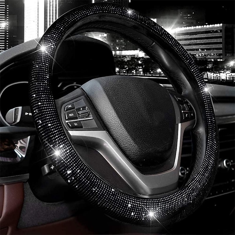 Steering Wheel Cover for Women Men Bling Bling Crystal Diamond Sparkling Car SUV Wheel Protector Universal Fit 15 Inch (Black with Blue DiamondStandard Size