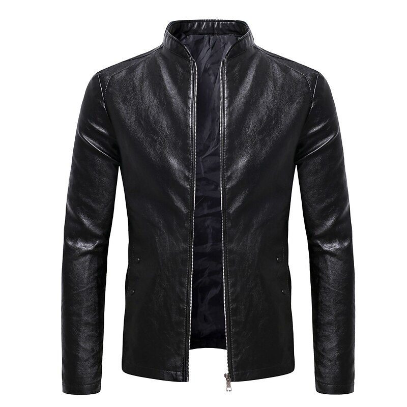 Men's Faux Leather Jacket Transition Jacket Biker Jacket Red Leather Jacket Formal Street Thermal Warm Windproof Adjustable Fall Pure Color Formal Stand Collar Regular Regular Faux Leather Slim Black2