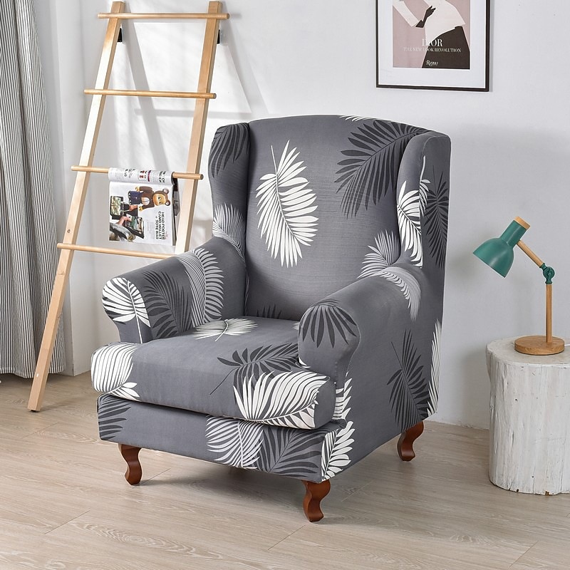 1 Set of 2 Pieces Stretch Wingback Chair Cover Floral Printed Wing Chair Slipcovers Spandex Fabric Wingback Armchair Covers with Elastic Bottom for Living Room Bedroom Decor2