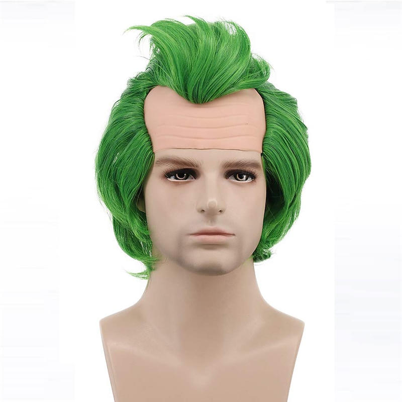 Men Women Short Straight Green Joker Wig Bald Head Carnival Cosplay Costume Anime Wig St.Patrick's Day Wigs