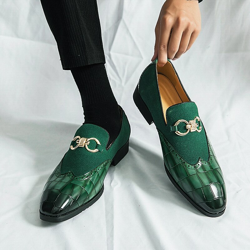 Men's Green Faux Leather Loafers with Crocodile Pattern and Gold Buckle - Stylish Formal Shoes for Office, Business & Casual Wear4