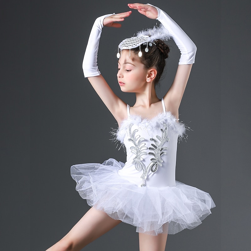 Kids' Dancewear Ballet Dress Feathers / Fur Printing Pure Color Girls' Training Performance Sleeveless High Tulle Polyester2
