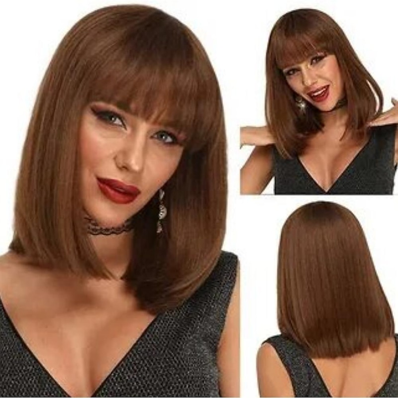 Short Human Hair Wig with Fringe for Women Straight Remy Hair Bob Wigs With Bangs Dark Brown Balayage Highlight Ombre Color3