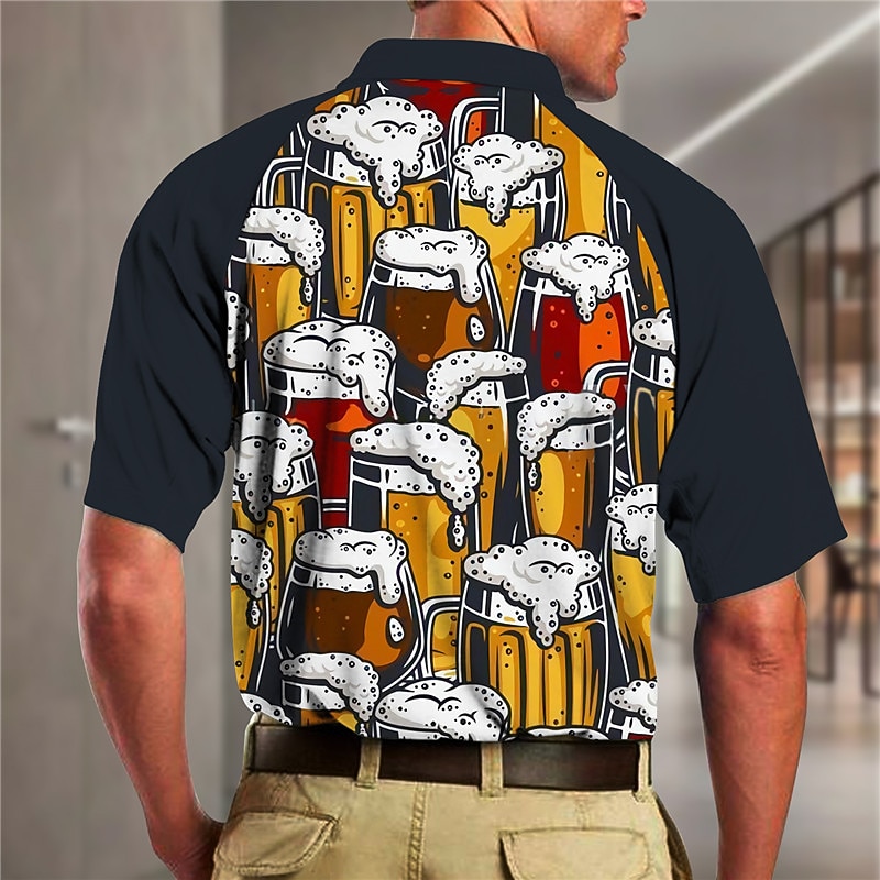 Oktoberfest Men's Polo Shirt Golf Shirt Beer Turndown Yellow 3D Print Outdoor Street Short Sleeves Zipper Print Clothing Apparel Fashion Designer Casual Breathable2