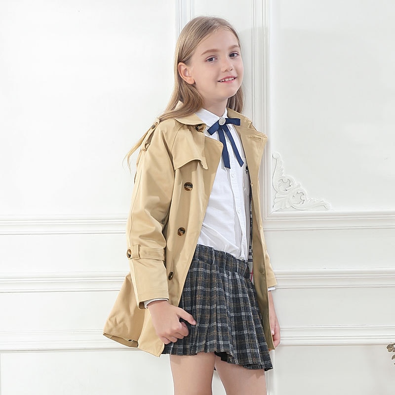Kids Boy Girl Trench Coat Jacket Long Sleeve Outwear Windproof Pocket Fall Winter Active Daily Casual 2-12 Years Black Khaki Plain2