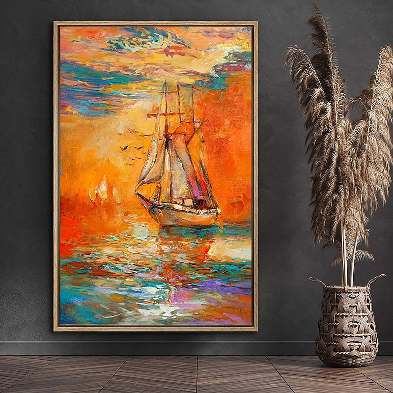 Handmade Oil Painting Canvas Wall Art Decoration Modern Sailboat Landscape for Home Decor Rolled Frameless Unstretched Painting