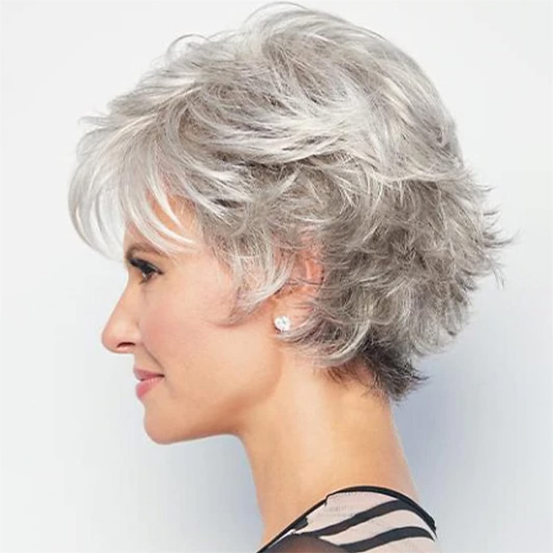 Short Curly Grey Pixie Wigs for White Women Sliver Grey Layered Synthetic Wig Natural Looking Pixie Cut Fluffy Wigs with Bangs Christmas Party Wigs4