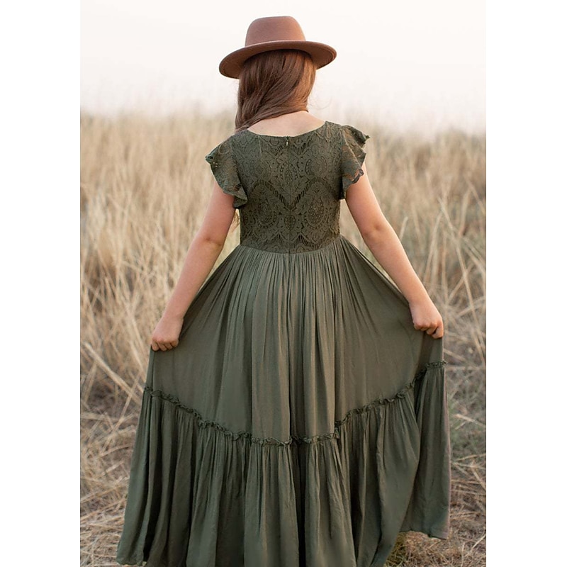 Kids Girls' Dress Solid Color Solid Colored Short Sleeve Wedding Daily Holiday Lace Ruched Princess Sweet Elastane Viscose Maxi A Line Dress Summer 4-13 Years White Champagne Wine3