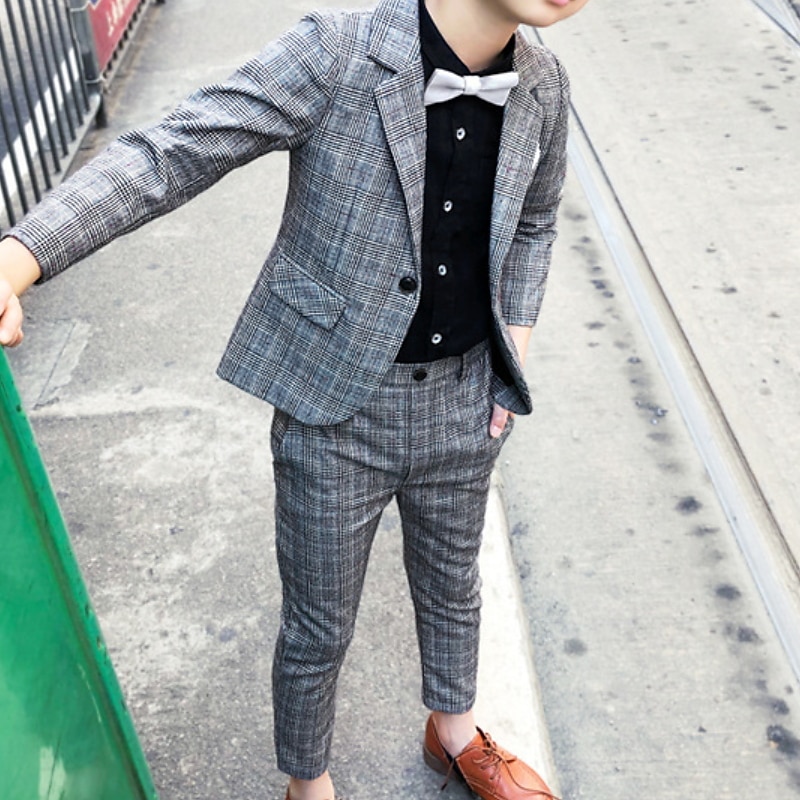 3 Pieces Ring Bearer Suit Boys Kids Suit Formal Suit Suit & Blazer Clothing Set Party Street Cool Gentle Plaid Navy Blue Dark Gray Cotton4