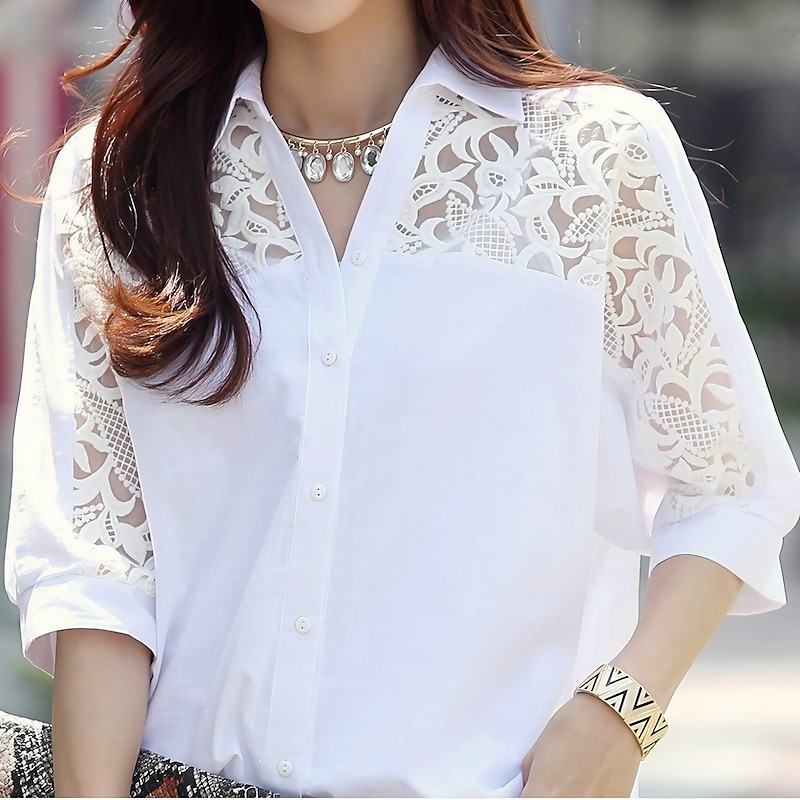 Women's Shirt Lace Shirt Blouse Eyelet top Plain Streetwear Casual 3/4 Length Sleeve Shirt Collar Regular Tops Office Work Business Lace Patchwork White