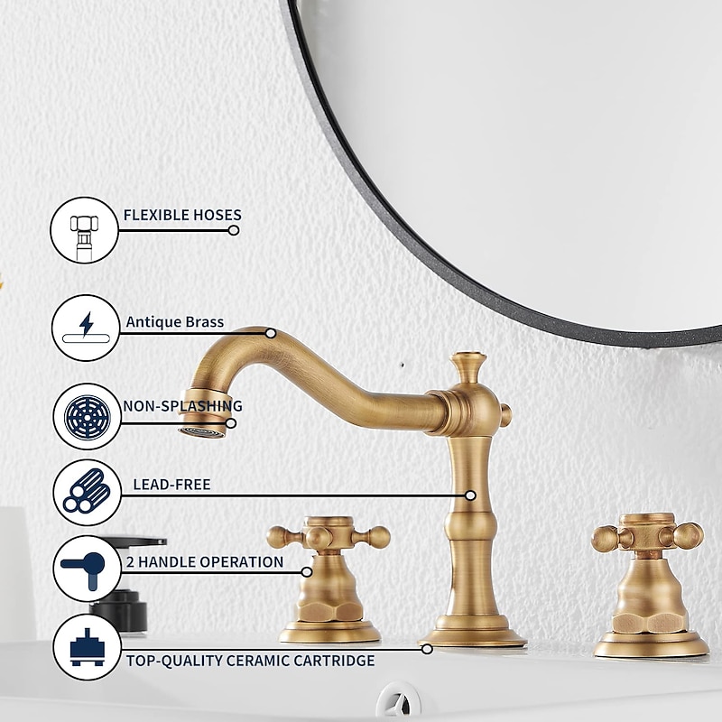 Bathroom Sink Faucet,Widespread Two Handle Three Holes, Brass Bath Taps, Brass Bathroom Sink Faucet Contain with Cold and Hot Water4