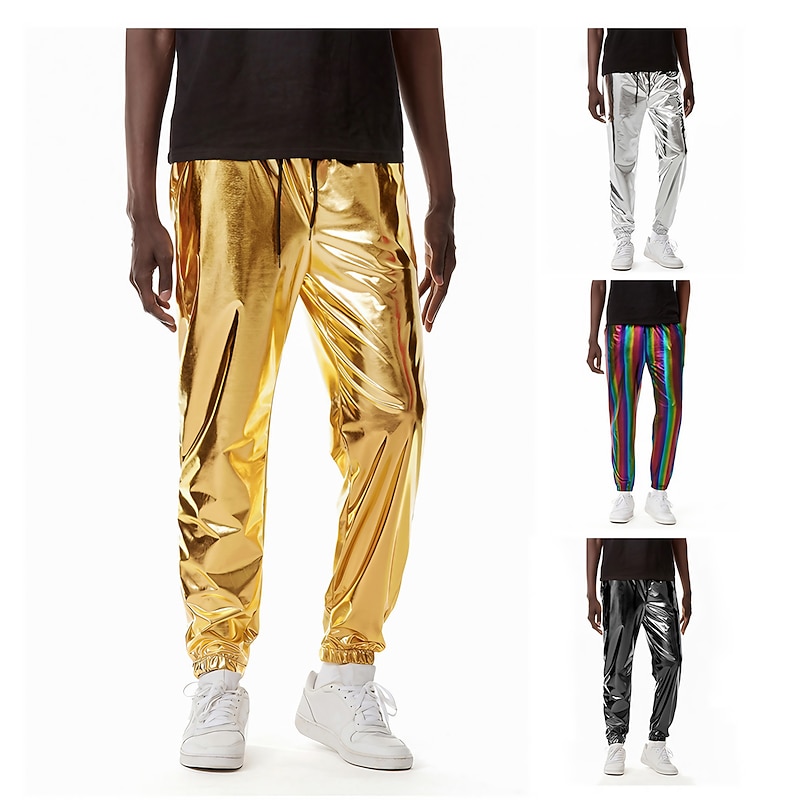 Men's Joggers Trousers Casual Pants Sequin Pants Drawstring Elastic Waist Shiny Metallic Solid Color Full Length Club Nightclub Disco Lights Casual Trousers Loose Fit Silver Black Micro-elastic2