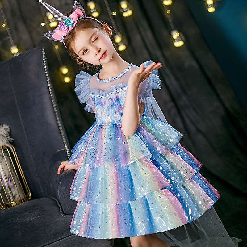 Girls' 3D Sequin Unicorn Dress Short Sleeve Summer Spring Performance Anniversary Cute Beautiful Kids 3-12 Years A Line Dress Above Knee3