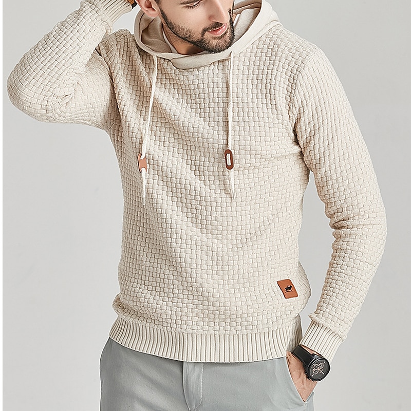 Men's Sweater Pullover Sweater Jumper Sweater Hoodie Ribbed Cable Knit Cropped Knitted Solid Color Hooded Stylish Basic Outdoor Daily Clothing Apparel Fall Winter Black White S M L4