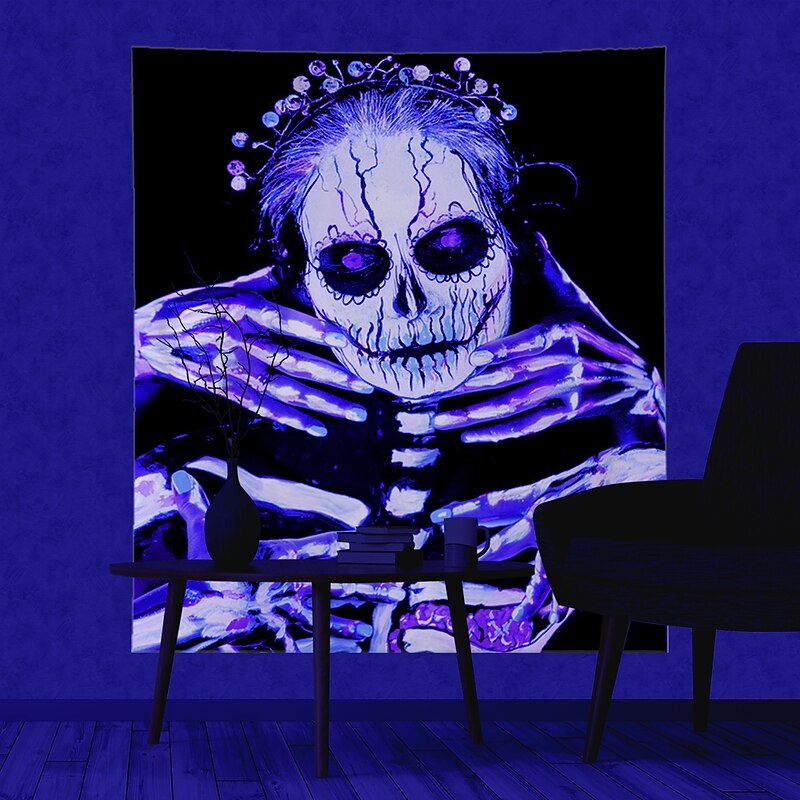 Halloween Decorations Blacklight UV Reactive Wall Tapestry Skeleton Art Decor Blanket Curtain Hanging Home Bedroom Decoration Polyester Skull3