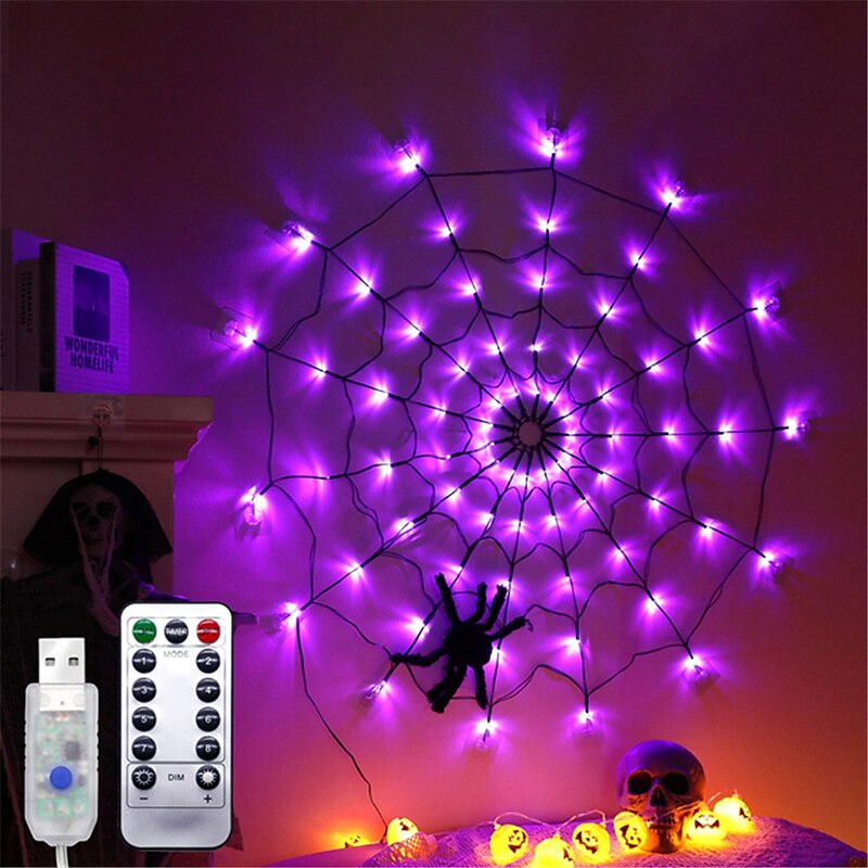Halloween Spider Web Lights  Diameter 80 LED with Black Spider Waterproof  Net Lights Remote Control 8 Modes Cobweb Halloween Decorations for House Garden Indoor Outdoor Scary Theme3
