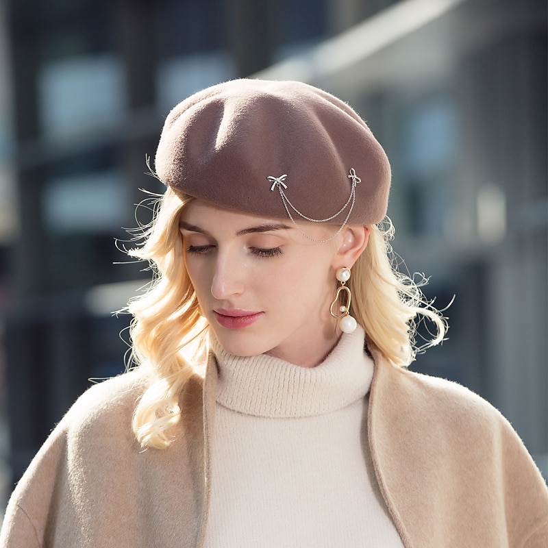 Hats 100% Wool Beret Hat Bucket Hat Party / Evening Casual Fashion Elegant With Smooth Pure Color Headpiece Headwear