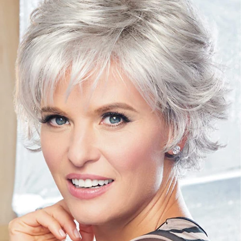 Short Curly Grey Pixie Wigs for White Women Sliver Grey Layered Synthetic Wig Natural Looking Pixie Cut Fluffy Wigs with Bangs Christmas Party Wigs2