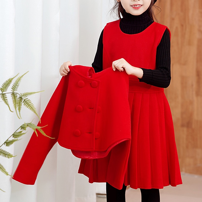Kids Girls' Dress Solid Colored Long Sleeve Daily Pleated Cute Polyester Above Knee Two Piece Dress Winter 4-13 Years Red3