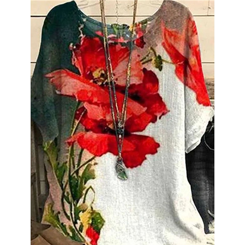 Women's Plus Size Blouse Floral Vintage Streetwear Holiday Short Sleeve Dolman Sleeve Crew Neck Regular Tops Vacation Daily Print Yellow Red Summer Spring2