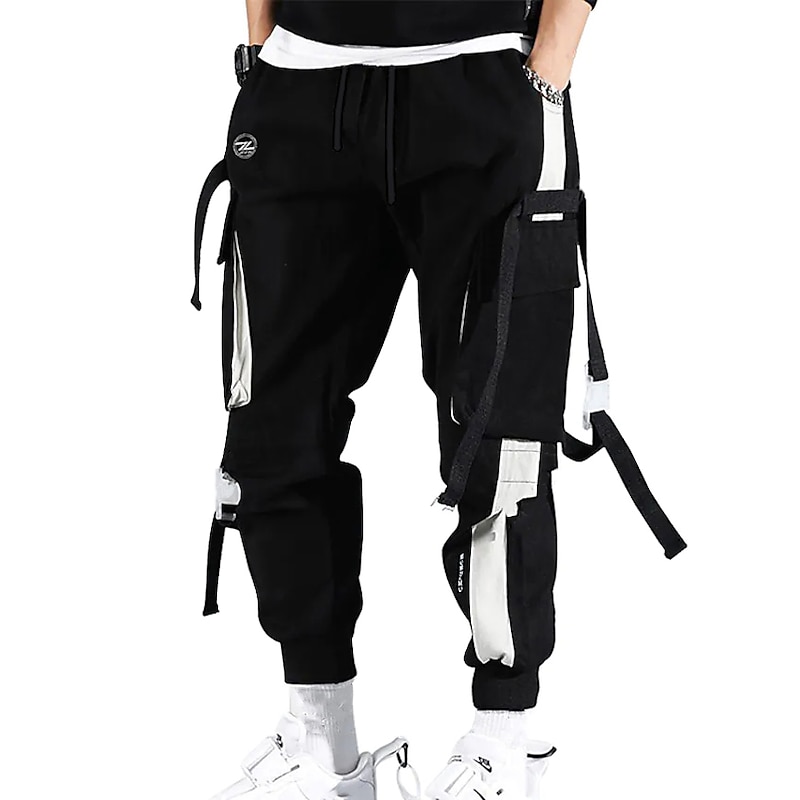 Men's Cargo Pants Cargo Trousers Joggers Trousers Techwear Drawstring Elastic Waist Multi Pocket Color Block Letter Embroidery Casual Daily Streetwear Hip Hop Black