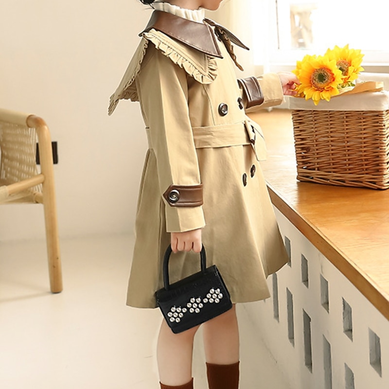 Kids Girls' Trench Coat Outerwear Plain Long Sleeve Pocket Coat Formal Active Adorable Khaki Winter Fall 3-12 Years4