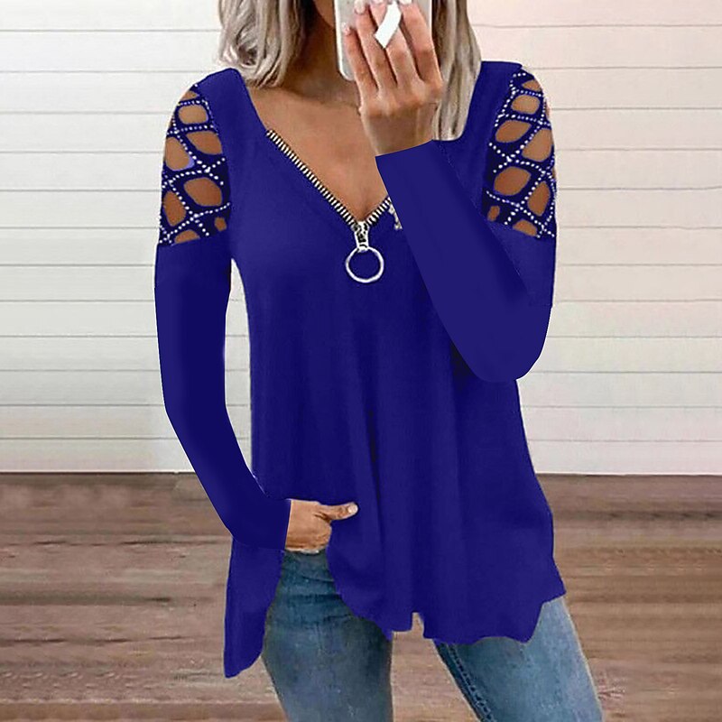 Women's Burgundy Tee Blouse Plain Basic Long Sleeve V Neck Off Shoulder Half Zip Regular Tops Casual Weekend Cut Out Flowing tunic Quarter Zip Black Fall & Winter2
