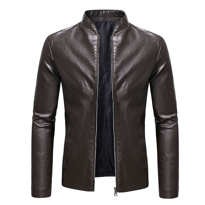Men's Faux Leather Jacket Transition Jacket Biker Jacket Red Leather Jacket Formal Street Thermal Warm Windproof Adjustable Fall Pure Color Formal Stand Collar Regular Regular Faux Leather Slim Black3