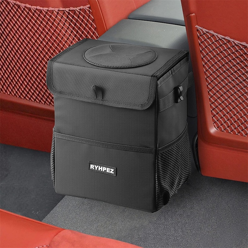 Car Trash Can with Lid - Car Trash Bag Hanging with Storage Pockets Collapsible and Portable Car Garbage Bin