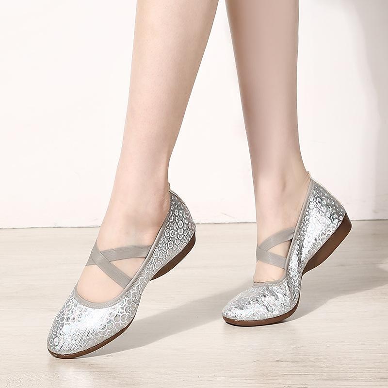 Women's Silver Sequin Dance Shoes with Elastic Cross Straps – Lightweight Flats for Ballet, Jazz, and Modern Dance Performances