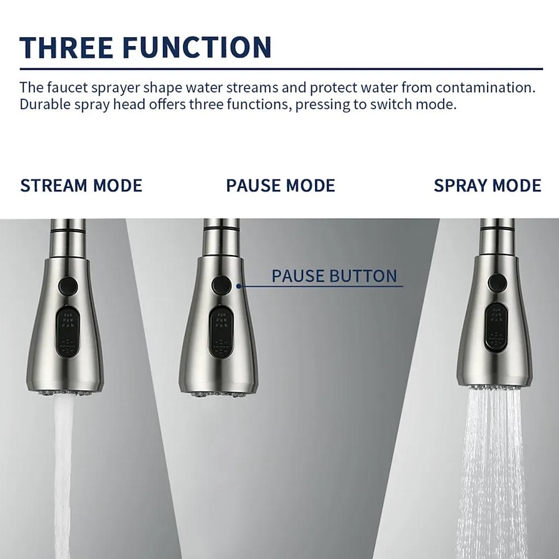 2 Modes Kitchen Sink Faucet Head Replacement, Excellent Quality Helmet Lining-Surface Treatment-Chrome Faucet Spout Pull Out Pull Down Kitchen Faucet Sprayer3