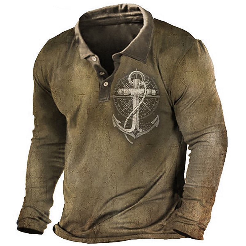 Men's Nautical Polo Shirts Golf Shirt Long Sleeve Polo Shirts Collared Shirts Vintage Casual Vacation Wear Boat Wear Party Outfits 3D Print Buttons Wine Yellow Army Green2