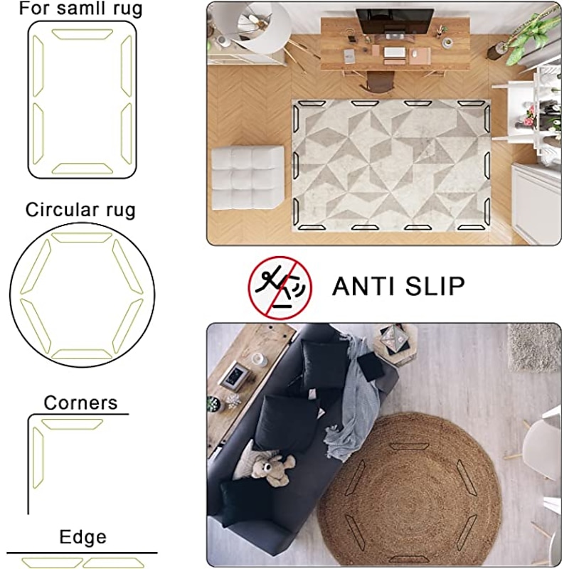 8 PCS Rug Tape, Reusable Washable Carpet Tape, Double Sided Non-Slip Rug Pads for Hardwood Floors, Rug Stoppers for Area Rugs, Black4