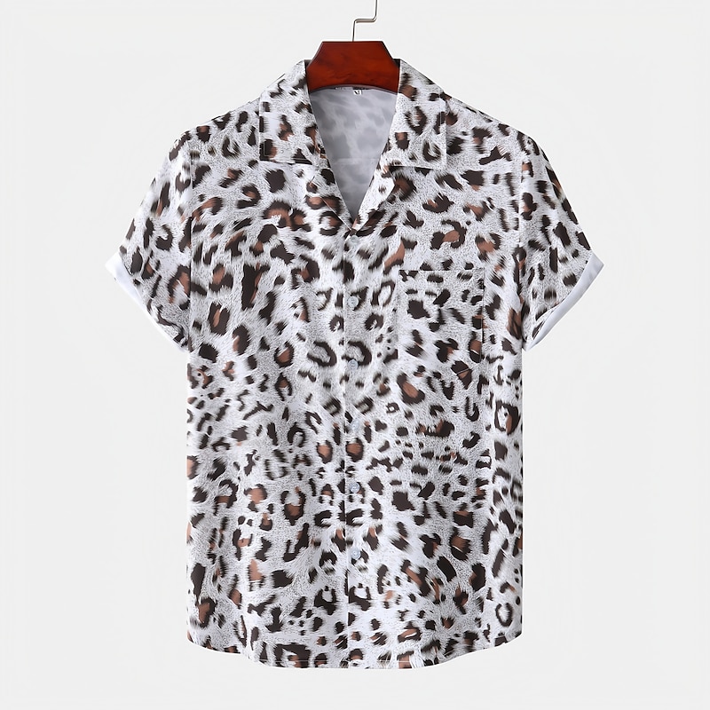 Men's Leopard Shirt Button Up Shirt Short Sleeve Tropical Hawaiian Designer Casual Daily Holiday Turndown Black / Gray White Pink Navy Blue Blue