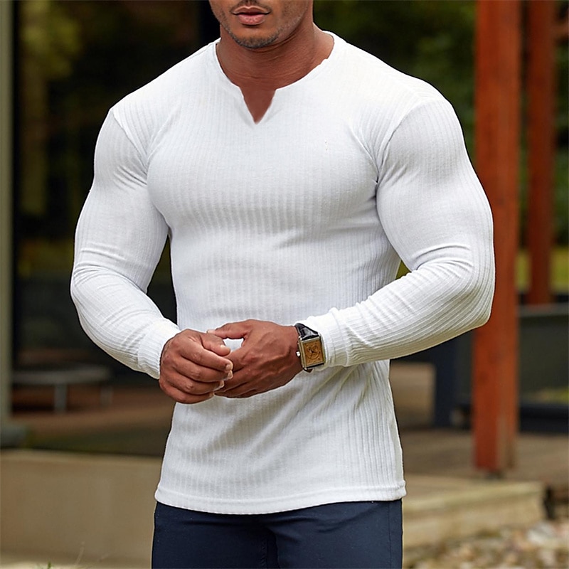 Men's T Shirt Muscle Shirt Ribbed Knit tee Long Sleeve Shirt Long Sleeve V Neck Spring &  Fall Plain Fashion Designer Casual Street Sports Holiday Black White Pink Top Tee for Men