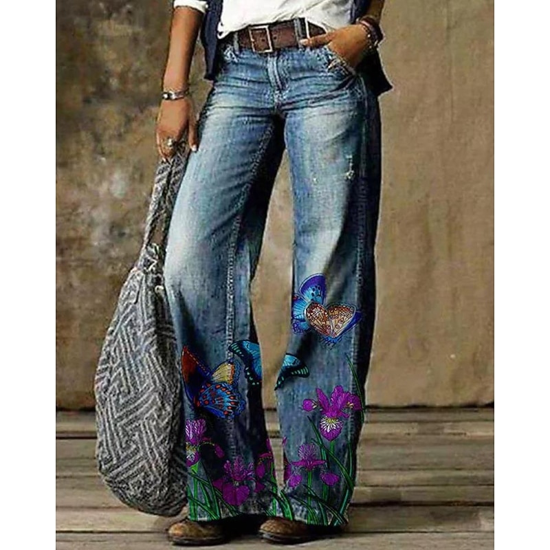 Women's Normal Jeans Flared Pants Bell Bottom 3D Print Full Length Mid Waist Flower / Floral Side Pockets Wide Leg Print Comfort High Elasticity Casual 1 2 14 16 Summer Spring &  Fall Loose Fit4