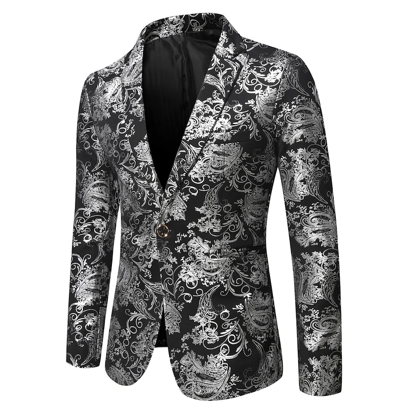 Men's Blazer Party Evening Wear Business Attire Festival Antique Elegant & Luxurious Spring Fall Polyester Floral Pattern Modern Style Shining Single Breasted One-button Blazer Black White Gold2