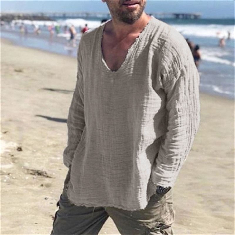 Men's Linen Shirt Summer Shirt Beach Wear Casual Shirt Solid Color Outdoor Street Wine Light Grey Gray Long Sleeve V Neck Spring &  Fall Clothing Apparel