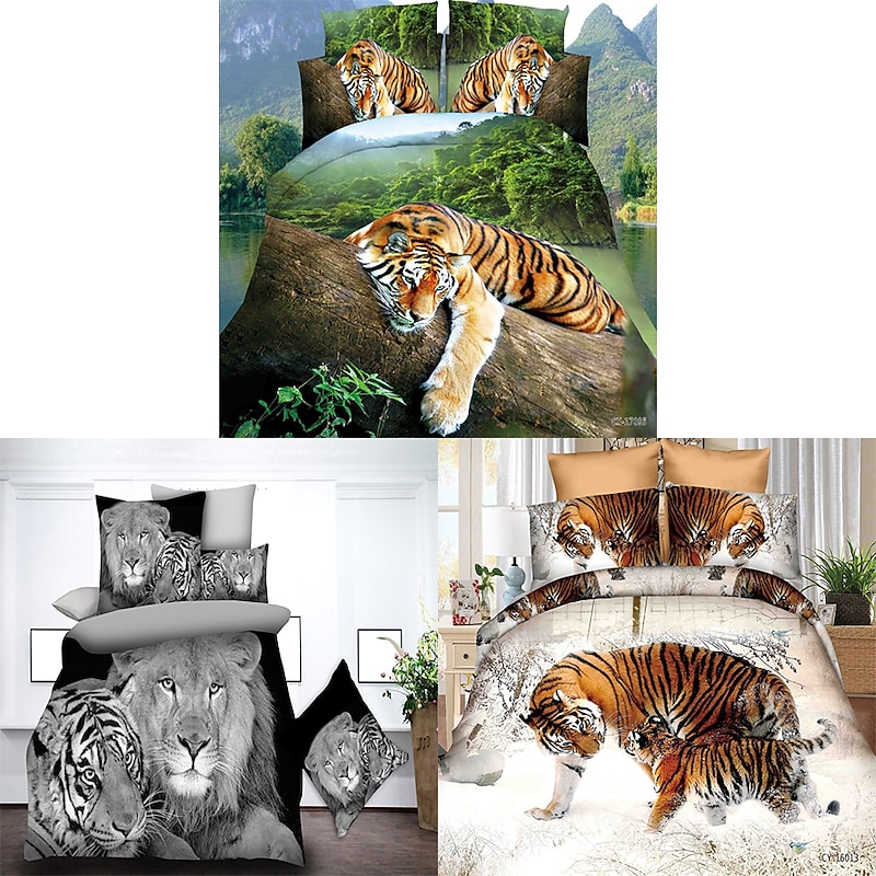 3D Tiger Print Duvet Cover Queen King Size Bedding Sets Comforter Cover with 1 Duvet Cover or Coverlet，1Sheet，2 Pillowcases for Double/Queen/King(1 Pillowcase for Twin/Single)2