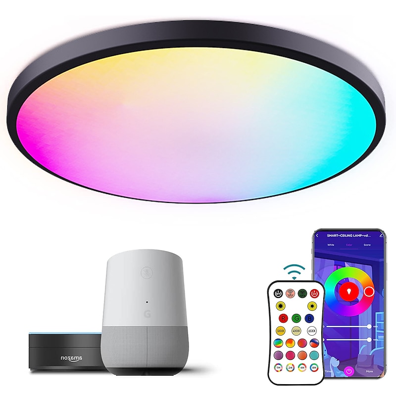 RGBCW Full Color Intelligent Dimming and Color Matching Bedroom Ceiling Lamp 24W WiFi Graffiti APP Bluetooth Voice Ceiling Lamp Can be Timed 2.4G Be Grouped Compatible with Alexa Google Home