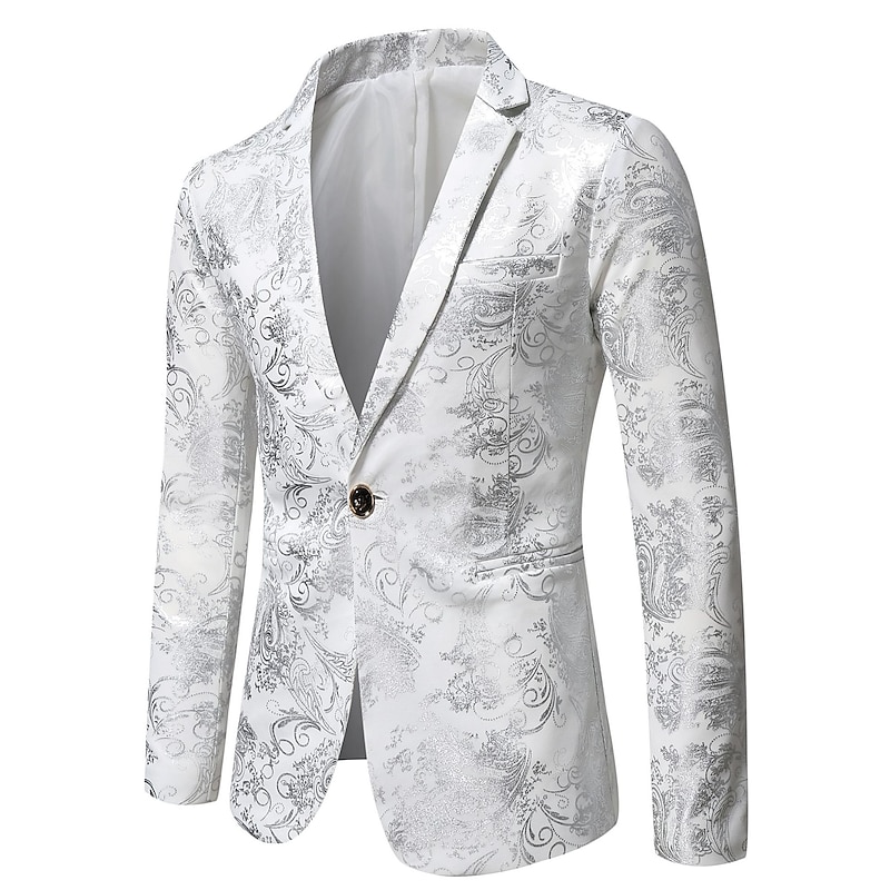 Men's Blazer Party Evening Wear Business Attire Festival Antique Elegant & Luxurious Spring Fall Polyester Floral Pattern Modern Style Shining Single Breasted One-button Blazer Black White Gold4