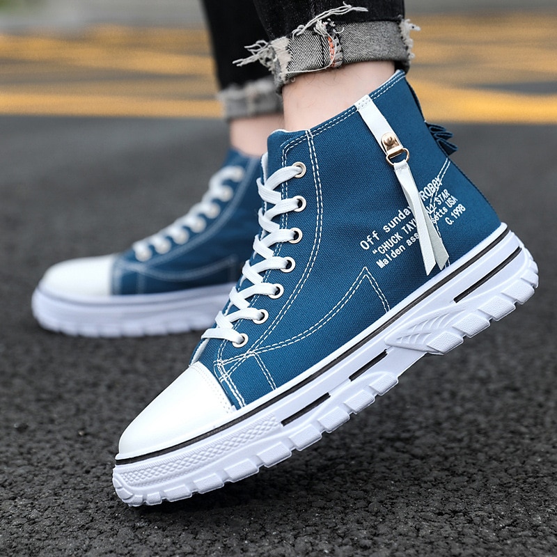 Men's Blue High-Top Canvas Sneakers with White Sole and Lace-Up Design, Casual Athletic Shoes for Streetwear and Daily Wear2