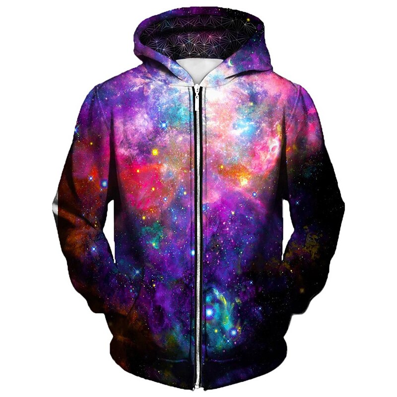 Men's Galaxy Graphic Prints Hoodie Hoodies Sweatshirt Streetwear Basic Long Sleeve Hooded Sports & Outdoor Daily Sports Purple Zipper Print Spring &  Fall Designer
