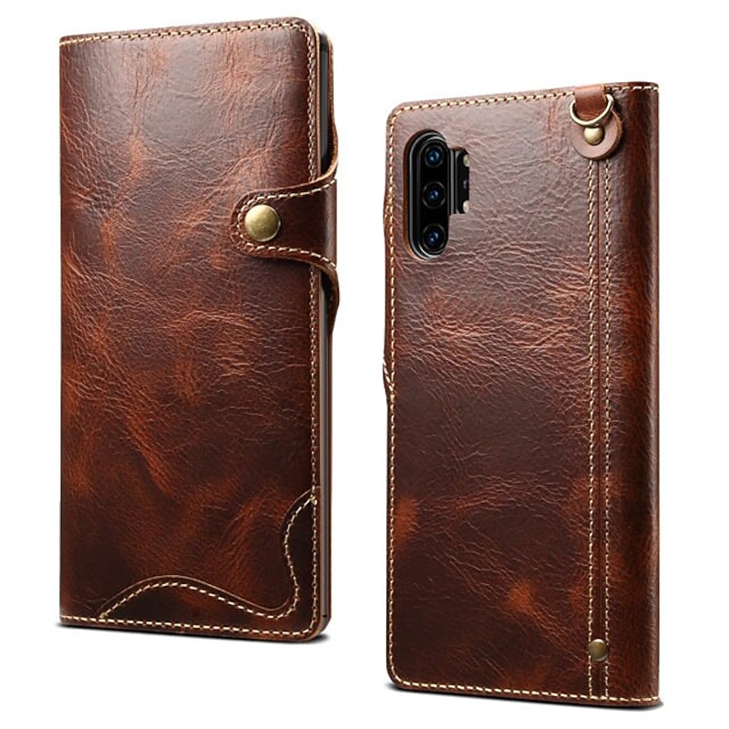 Phone Case For Samsung Galaxy S24 S23 S22 S21 Ultra Plus S20 Full Body Case Leather Card Holder Solid Color Genuine Leather