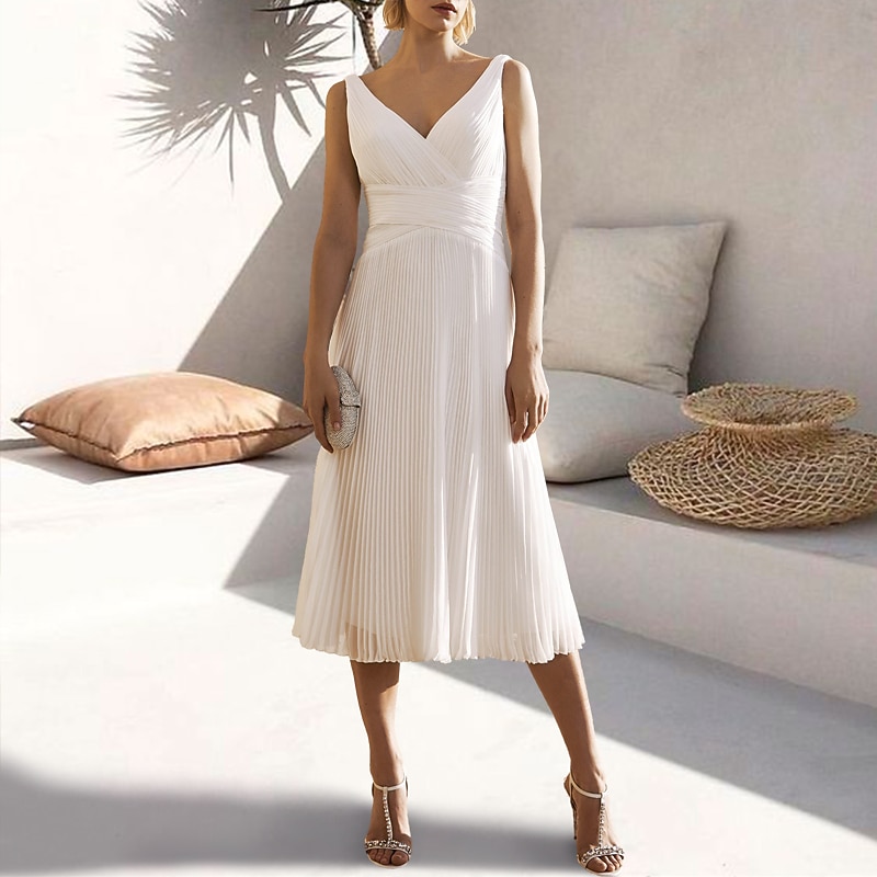 A-Line Cocktail Dresses Elegant Dress Formal Wedding Guest Tea Length Sleeveless V Neck Chiffon with Ruched Pure Color Dresses